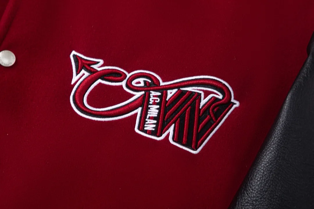 S69#P660, AC Milan offwhite25ss heavily embroidered leather baseball jersey, woolen fabric couple's jacket, black size: S M L XL
